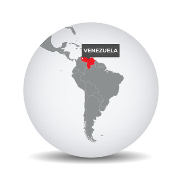 World globe map with the identication of Venezuela. Map of Venezuela. Venezuela on grey political 3D globe. South america map. Vector stock.