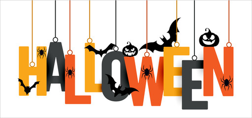 Fototapeta premium HALLOWEEN Hanging Letters with Bats, Pumpkin and Spider