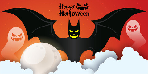 Happy Halloween banner or party invitation background with night clouds and pumpkins style. Vector illustration. Full moon in the sky, spiders web and flying bats. Place for text