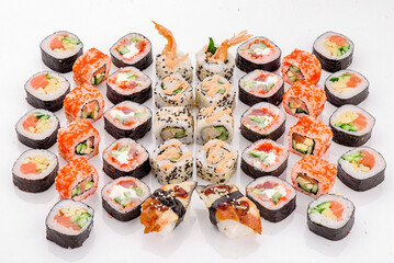 Sushi set isolated on white background. Photo for the menu and site. High quality photo