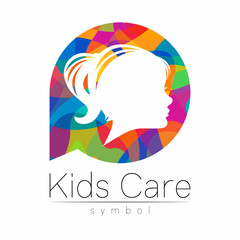 Child Girl Vector logotype in RainbowColor Circle. Silhouette profile human head. Concept logo for people, children, autism, kids, therapy, clinic, education. Template symbol design - 452740577