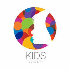 Child Girl Vector logotype in RainbowColor Circle. Silhouette profile human head. Concept logo for people, children, autism, kids, therapy, clinic, education. Template symbol design