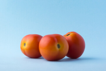 tomatoes, edible berries, isolated on light blue background, closeup view taken in complementary color theme