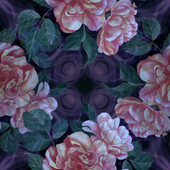 Flowers A branch of roses with leaves, flowers and buds. Watercolor. Seamless background. Collage of flowers and leaves on a watercolor background. Use printed materials, signs, items, websites, maps.