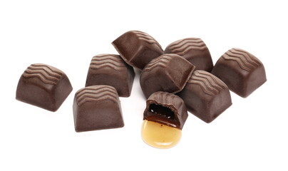 Orange liqueur flavored chocolates isolated on white background 
