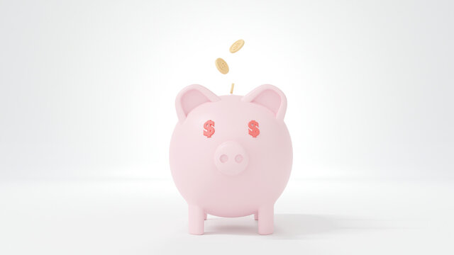 3D Piggy bank and gold coins floating on white background. Financial and saving money concept. 3D render illustration.