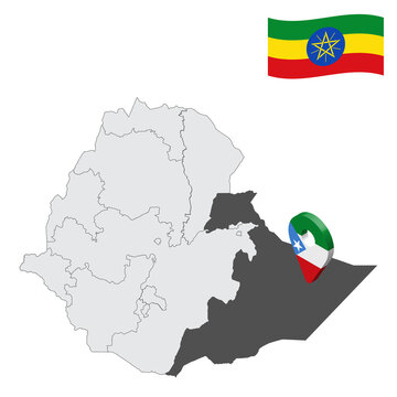 Location Somali Region on map Ethiopia. 3d location sign similar to the flag of  Somali. Quality map  with  provinces Ethiopia for your design. EPS10