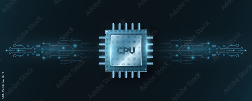 Poster digital microchip cpu with glowing computer circuit board or motherboard. futuristic high performanc