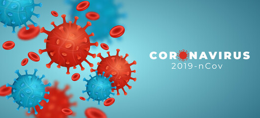 Coronavirus 2019-nCoV with disease cells and blood cell. Pathogen organism. Covid-19 epidemic infectious disease. Cellular infection. 3D green and red virus model