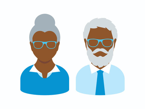 African American Senior Man And Woman Face Avatar Icon Vector. Elderly Senior Couple Vector. Older Business People Icon Set Isolated On A White Background