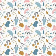 Mushrooms seamless pattern. Cute mushrooms in doodle style on a white background. Pastel palette. Autumn design for fabric, textile, etc.