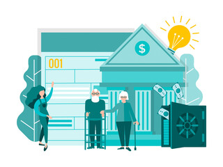 An elderly couple receives a bank loan. A bank employee offers to fill out a form for obtaining a loan.