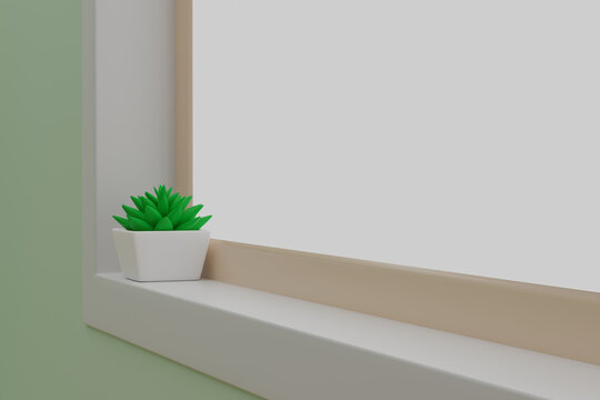 cactus on the windowsill in the room. 3D rendering