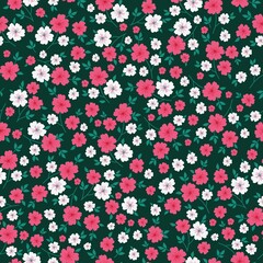 Seamless vintage pattern. wonderful white and pink flowers , green leaves on a dark green background. vector texture. trend print for textiles and wallpaper.