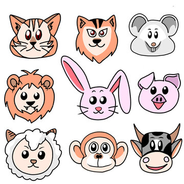 set of animals faces, cat, lion, rat, rabbit, pig, cheep, monkey, and cow.