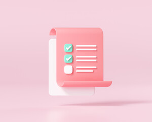 White clipboard with checklist on pink background. 3d render illustration. - obrazy, fototapety, plakaty