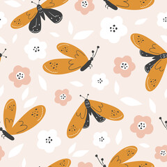 Seamless background. Colorful butterflies on a light background with flowers. Vector illustration