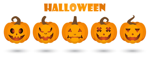 Set pumpkin on white background. Orange pumpkin with smile for your design for the holiday Halloween.