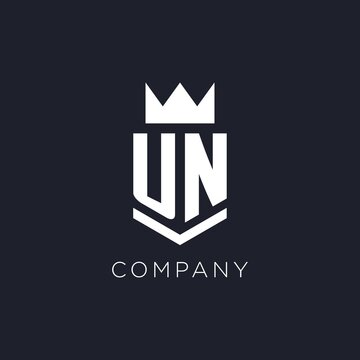 UN logo with shield and crown, initial monogram logo design