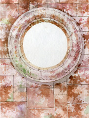 Round marble frame on the wall of blocks. The wall is made of marble blocks with brown spots and a round opening. The texture of marble.