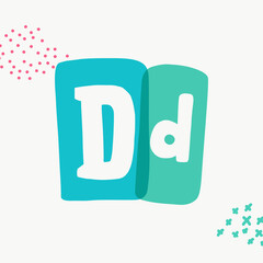 D letter typewriter-inspired logo with bold slab serif letters in colorful frames.