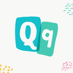 Q letter typewriter-inspired logo with bold slab serif letters in colorful frames.