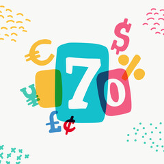 Emblem with 70 percent sale typewriter-inspired with bold slab serif letters in colorful frames.