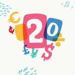 Emblem with 20 percent sale typewriter-inspired with bold slab serif letters in colorful frames.