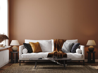 Home mockup, brown warm color living room with  sofa and decoration, 3d render