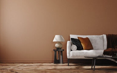 Home mockup, brown warm color living room with  sofa and decoration, 3d render