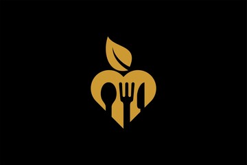 Kitchen logo design vector. Food business abstract symbol. Spoon, fork, knife illustration logo. Love and leaf vector icons. 