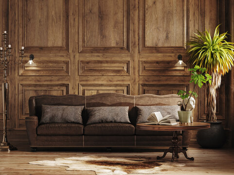Dark cozy interior with wooden panel wall, brown sofa and flowers, 3d render