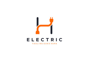 Electricity Logo Line. Simple Initial Letter H with Wire and Plug Icon Combination isolated on White Background. Flat Vector Logo Design Template Element.