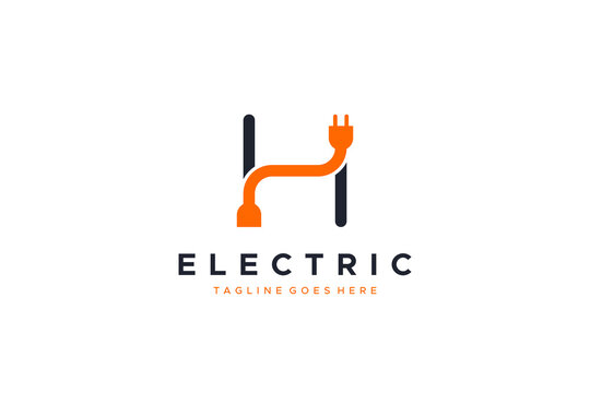 Electricity Logo Line. Simple Initial Letter H with Wire and Plug Icon Combination isolated on White Background. Flat Vector Logo Design Template Element.