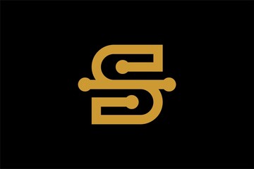 Letter S logo design vector. Gold outline S-type abstract symbol. Dot S vector icon.