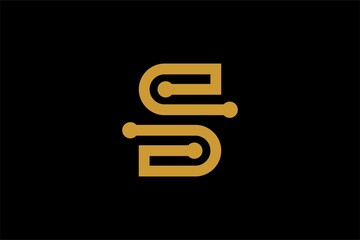 Letter S logo design vector. Gold outline S-type abstract symbol. Dot S vector icon.