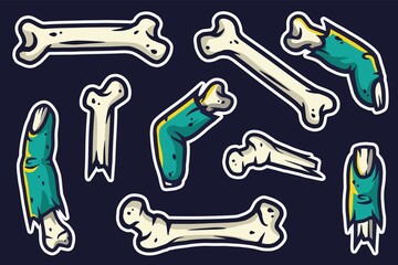 Halloween sticker with zombie finger and bone. Fear or horror spooky skeleton of happy halloween for design dark walking dead party
