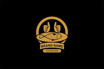 Food mascot logo design vector. Restaurant logo design. Smile man with the fried fish on the plate and thumb up illustration.