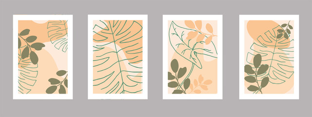 Fototapeta na wymiar Set of posters with abstract shapes and tropical leaves in trendy contemporary collage style in natural pastel colors. Four posters in size A3, A4,A5.