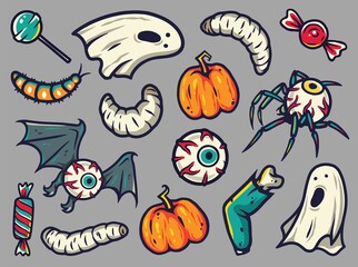 Halloween sticker set for children holiday. Horror stickers or elements for design of autumn halloween party