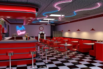 Poster 3D rendering of a vintage 1950s style American diner with red furniture and black and white checked floor. © IG Digital Arts