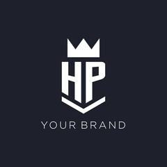 HP logo with shield and crown, initial monogram logo design