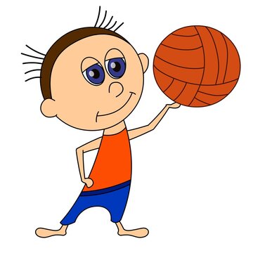 Funny boy with ball isolated on white background. Cute character in a flat style and has a black outline. Cheerful man holding a volleyball. Vector.