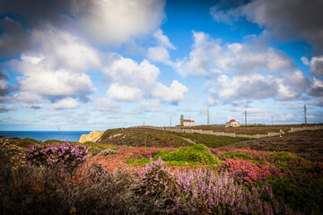 Paisaje natural del faro de Cabo Peñas rodeado de brezo. Asturias, España.
