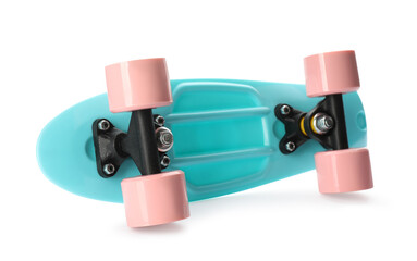 Turquoise skateboard with pink wheels isolated on white. Sport equipment © New Africa