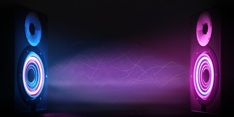 Sound speaker concept. Music concert or worship night with colorful lights and bokeh background. Song or music with wide backdrop. 3D rendering.