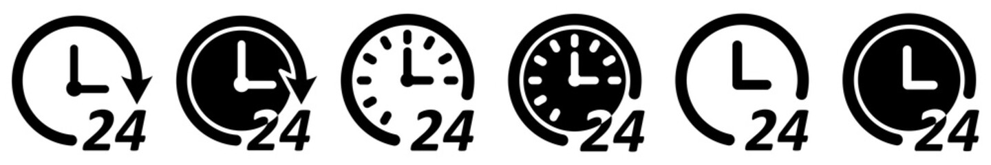 Set of 24 hours icons. 24/7 round-the-clock service. Clock icon, open 24 hours. 24/7 call center. Support symbols. Vector illustration.