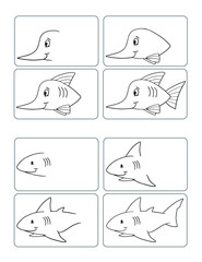 So zeichnen Sie eine Hai- und Fischarbeitsbuchseite Vektorillustrationskunst