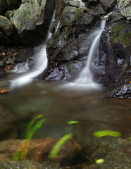 Naklejka na ściany i meble Small waterfall with moving leaves in the river Larrondo Arrata, Arantza, Navarra, Spain.