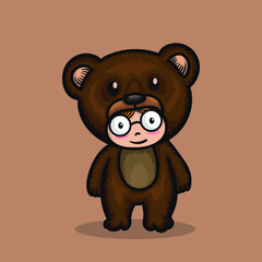 Bear costume, Cartoon animal character design, Kawaii Kid graphic. Vector illustration.